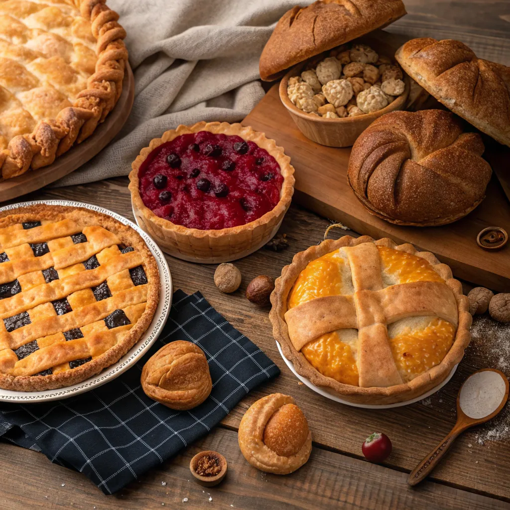 A delicious assortment of pies and breads